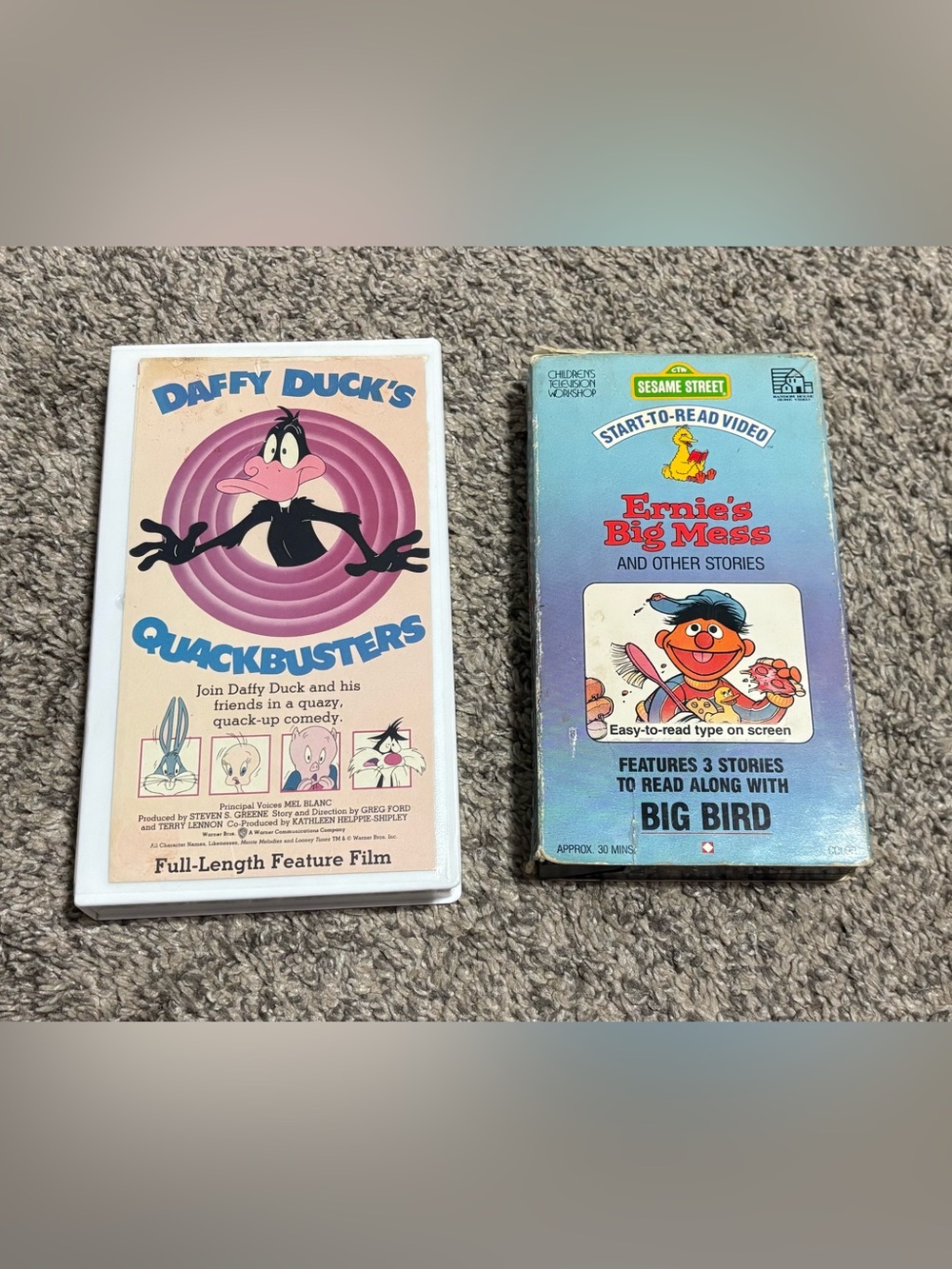 Antique VCR kids tapes - Ernie’s Big Mess & Daffy Duck’s Quackbusters
